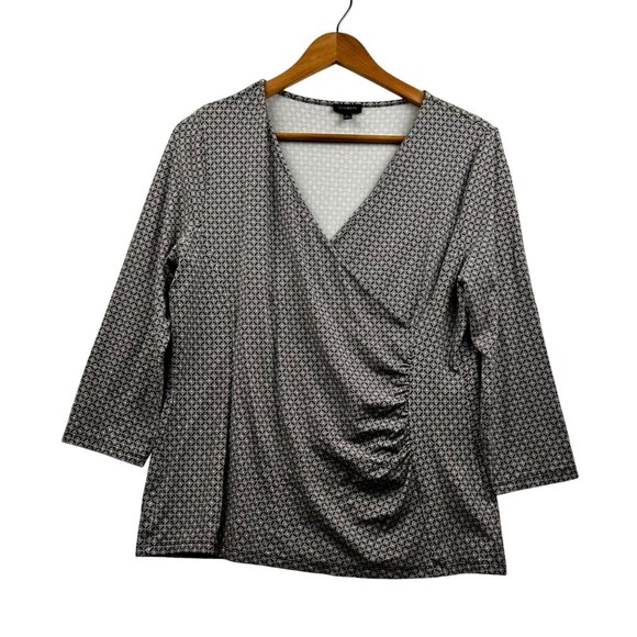 Talbots Brown&White Geometric Business Casual Office Chic Faux Wrap Top Sz Large - Picture 2 of 6
